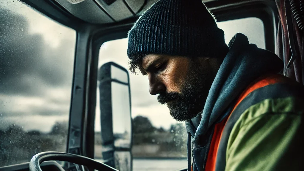 A depressed UK truck driver sitting in the cab of his truck during a cloudy day. The driver is wearing a high-visibility jacket and a beanie,