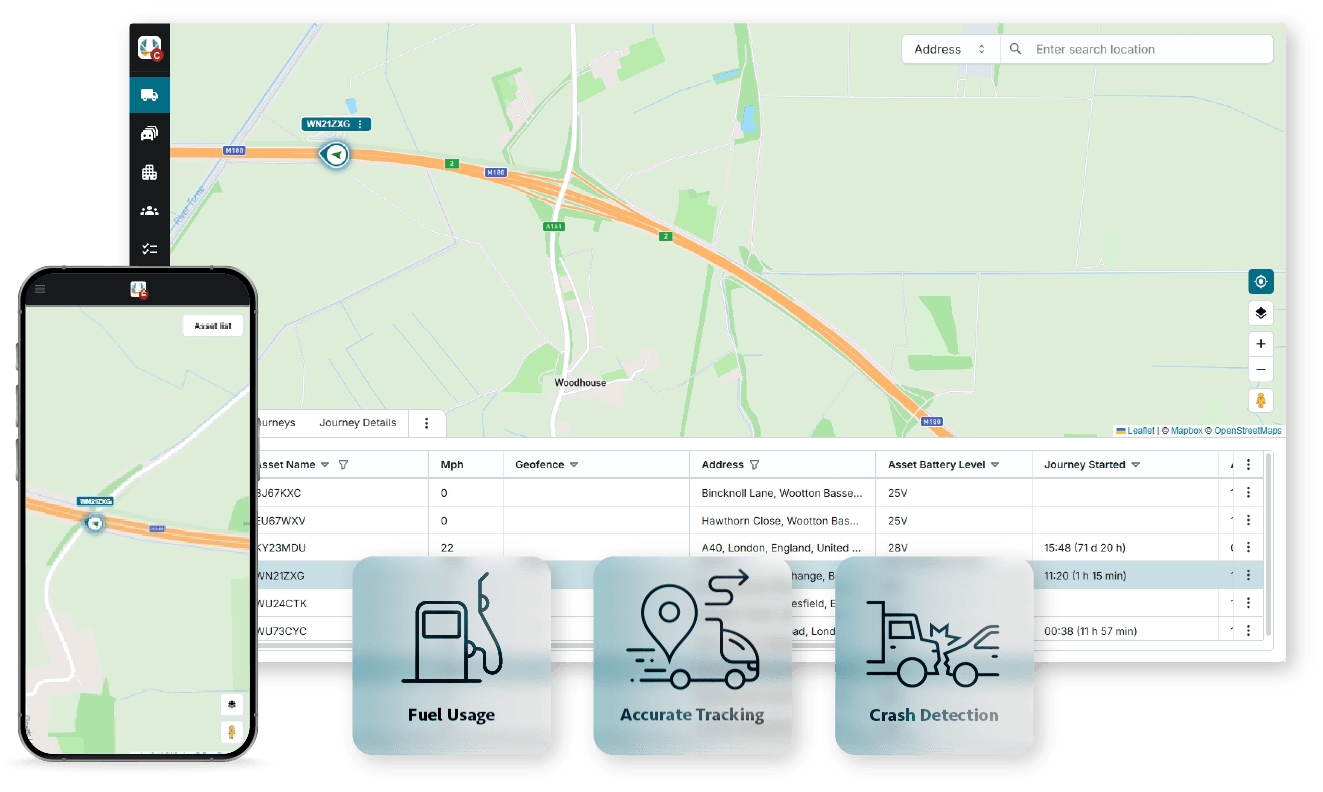 Graphic overlay of fleet management platform with icons-8