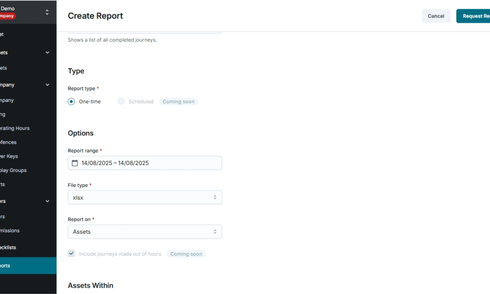 Screenshot of Create Report section in fleet Witness Live Screenshot of Create Report section in fleet Witness Live